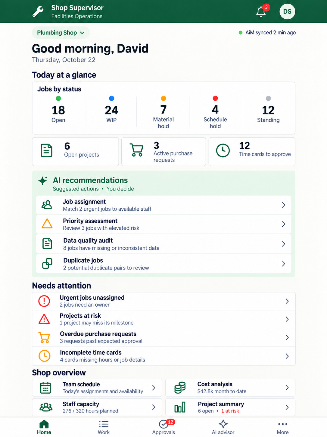 myShop dashboard for shop supervisors, showing jobs, approvals and AI recommendations