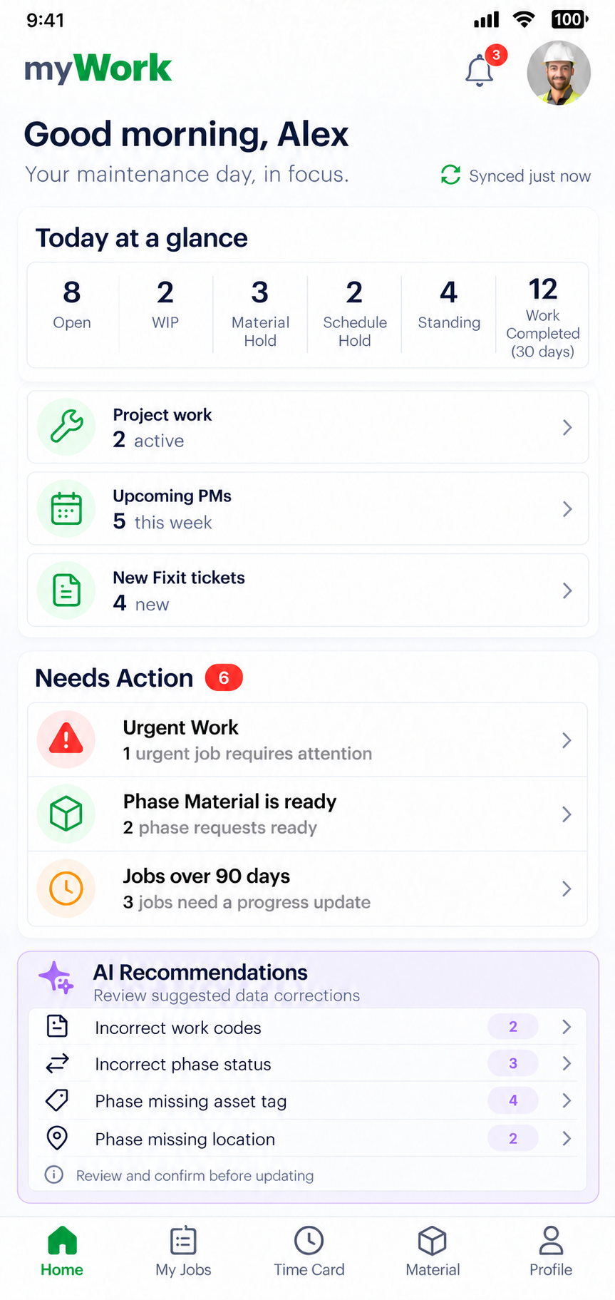 myWork mobile dashboard for maintenance staff